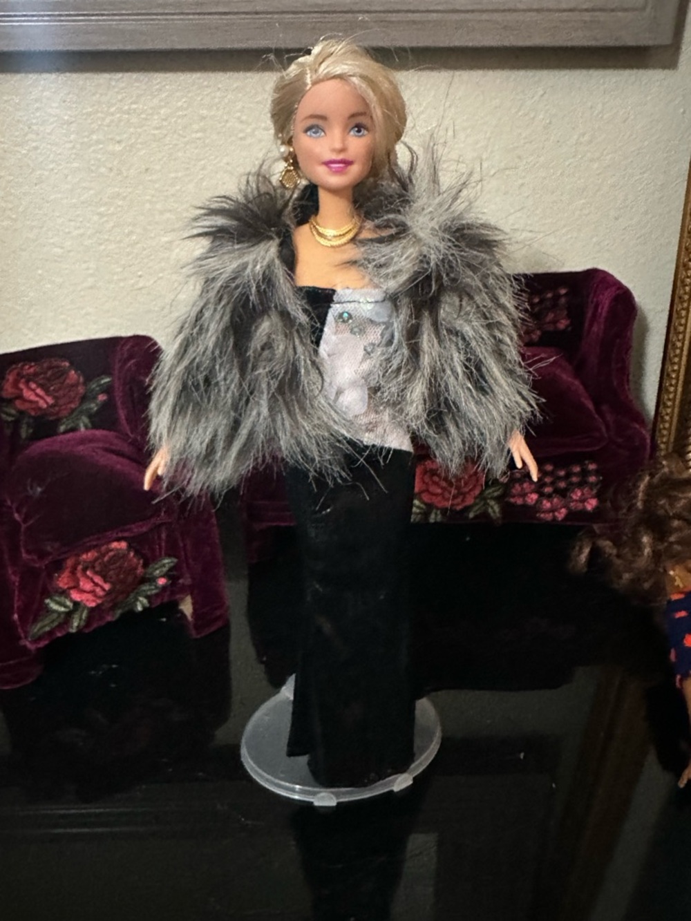Barbie Fashion Doll in Black Gown with Gray Faux Fur Coat